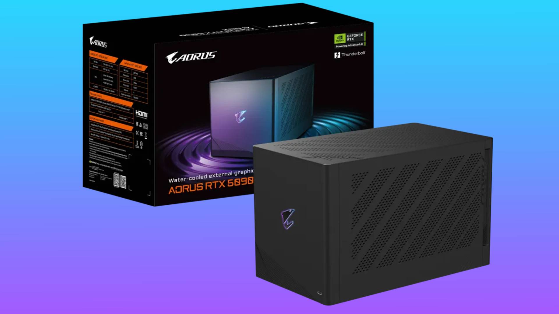 The Gigabyte Aorus RTX 5090 AI Box eGPU plus its box is seen floating in a blue-pink gradient void.