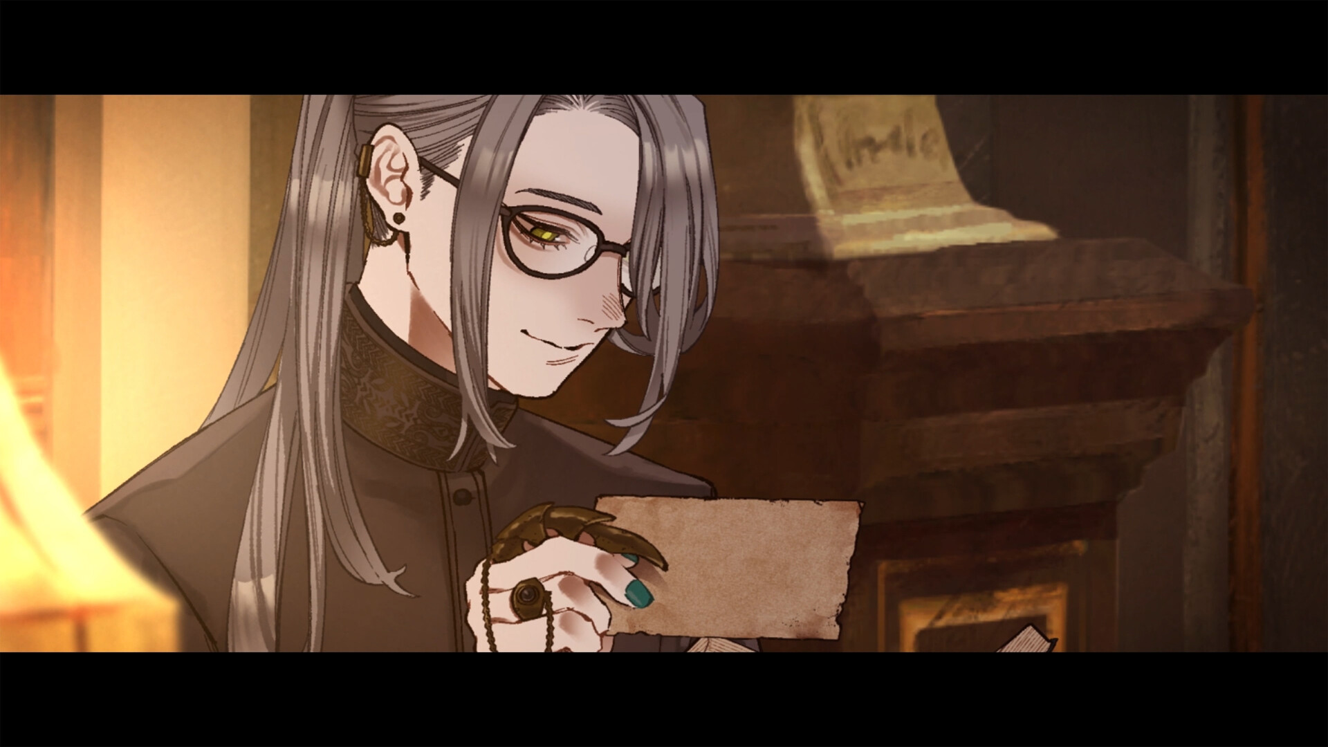 A screenshot of a character reading a letter in the upcoming Switch 2 game, Dark Auction