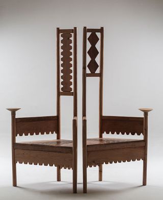 Two wooden chair with modernist tall backs by Cristián Mohaded