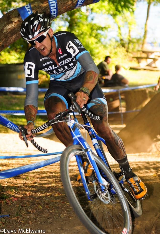 Big Ben Berden (Raleigh Clement) riding third wheel with two laps to go