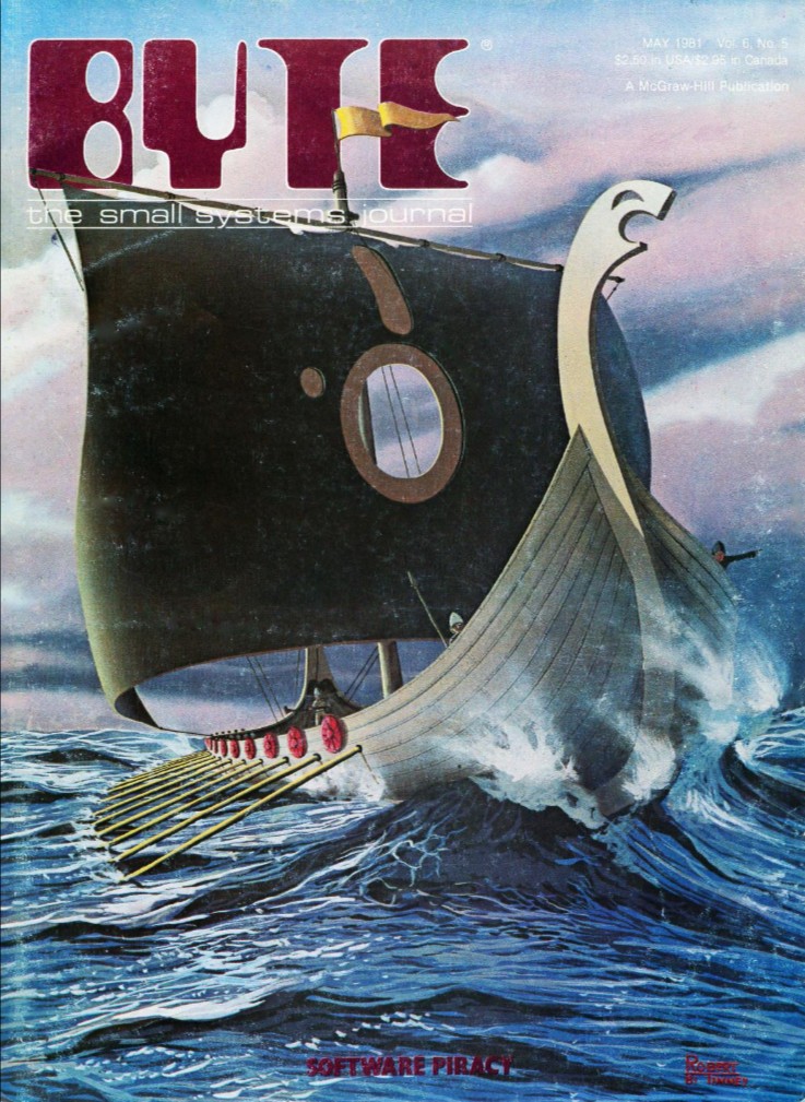 Byte cover showing viking longship with Floppy Disc sail.