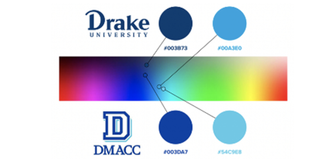 Drake University and DMACC logo colour comparison