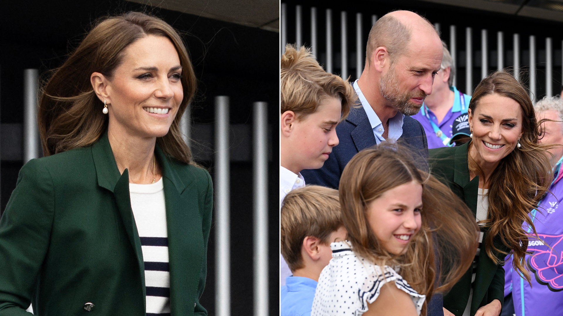 Princess Kate attending the Commonwealth Games 2026, she is a woman with long brown curly hair wearing a dark green blazer, a striped top, and a white pleated skirt