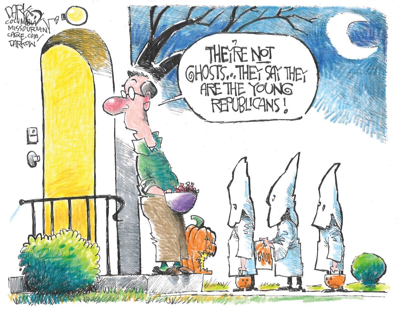 
                                This political cartoon takes place on Halloween where a man stands on his front step and greets a group of three trick-or-treaters dressed in white sheets that make them look more like Klansmen than ghosts. The man looks back into his house and says, “They’re not ghosts. They say they are the young Republicans!”
                            