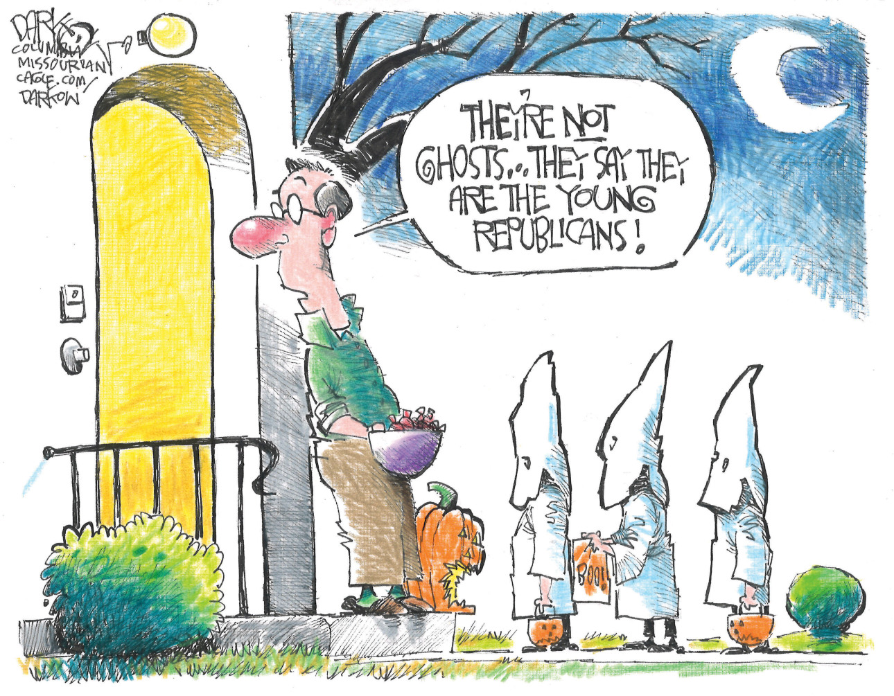 This political cartoon takes place on Halloween where a man stands on his front step and greets a group of three trick-or-treaters dressed in white sheets that make them look more like Klansmen than ghosts. The man looks back into his house and says, &amp;ldquo;They&amp;rsquo;re not ghosts. They say they are the young Republicans!&amp;rdquo;