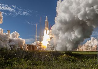 An Ariane 5 rocket carrying four Galileo satellites lifts off from the Guiana Space Center in Kourou, French Guiana, on July 25, 2018.