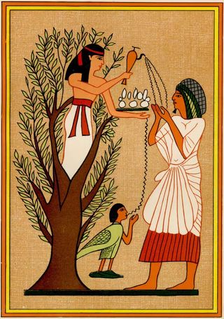 An individual with long hair and a white skirt with a red belt rises out of tree to pour jagged black lines into the hands of a tall person in a white robe and headscarf, and also a bird with human head.
