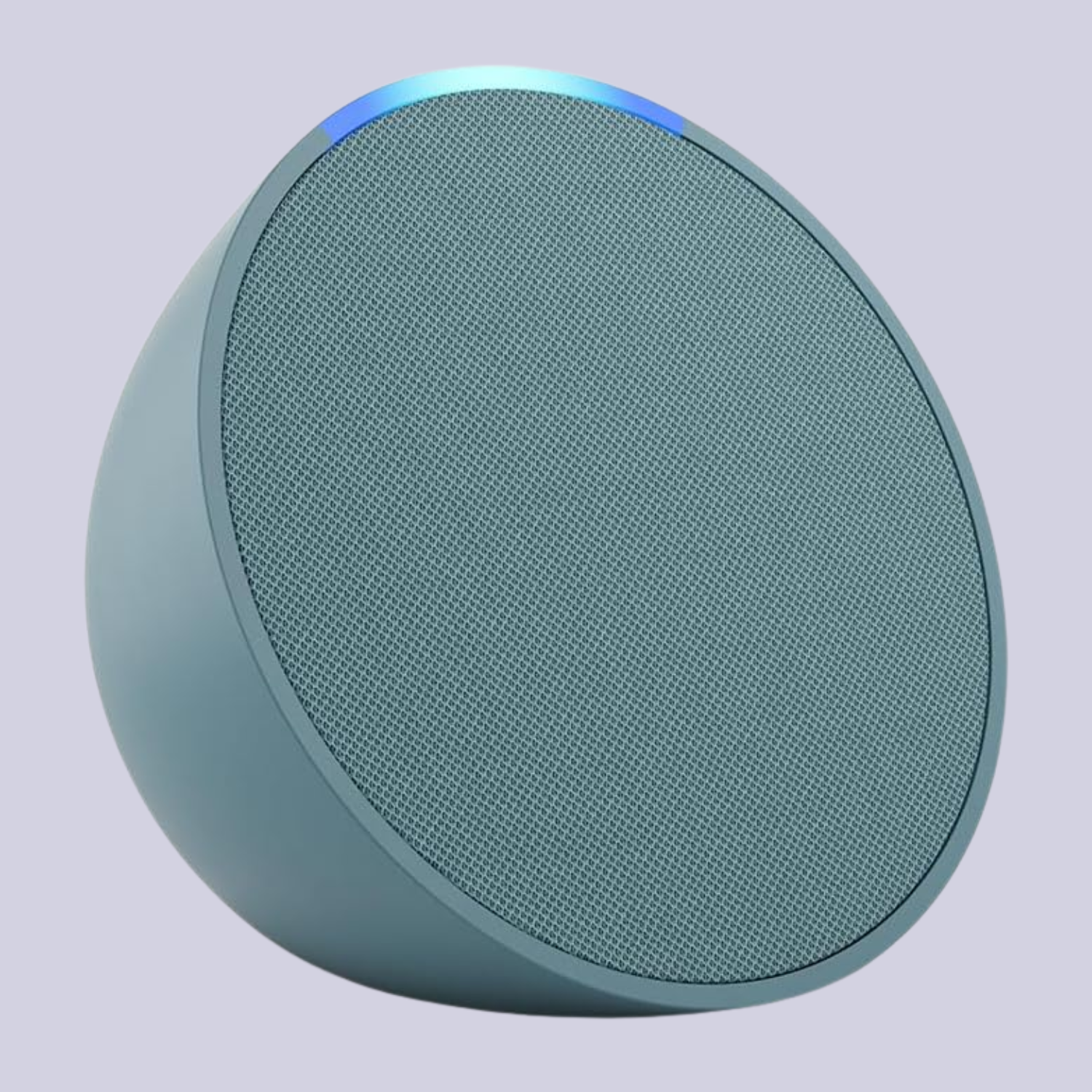 A teal digital assistant speaker
