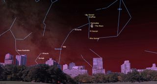 An illustration of the night sky on March 13 showing the moon near the 'claws' of the Scorpius constellation.