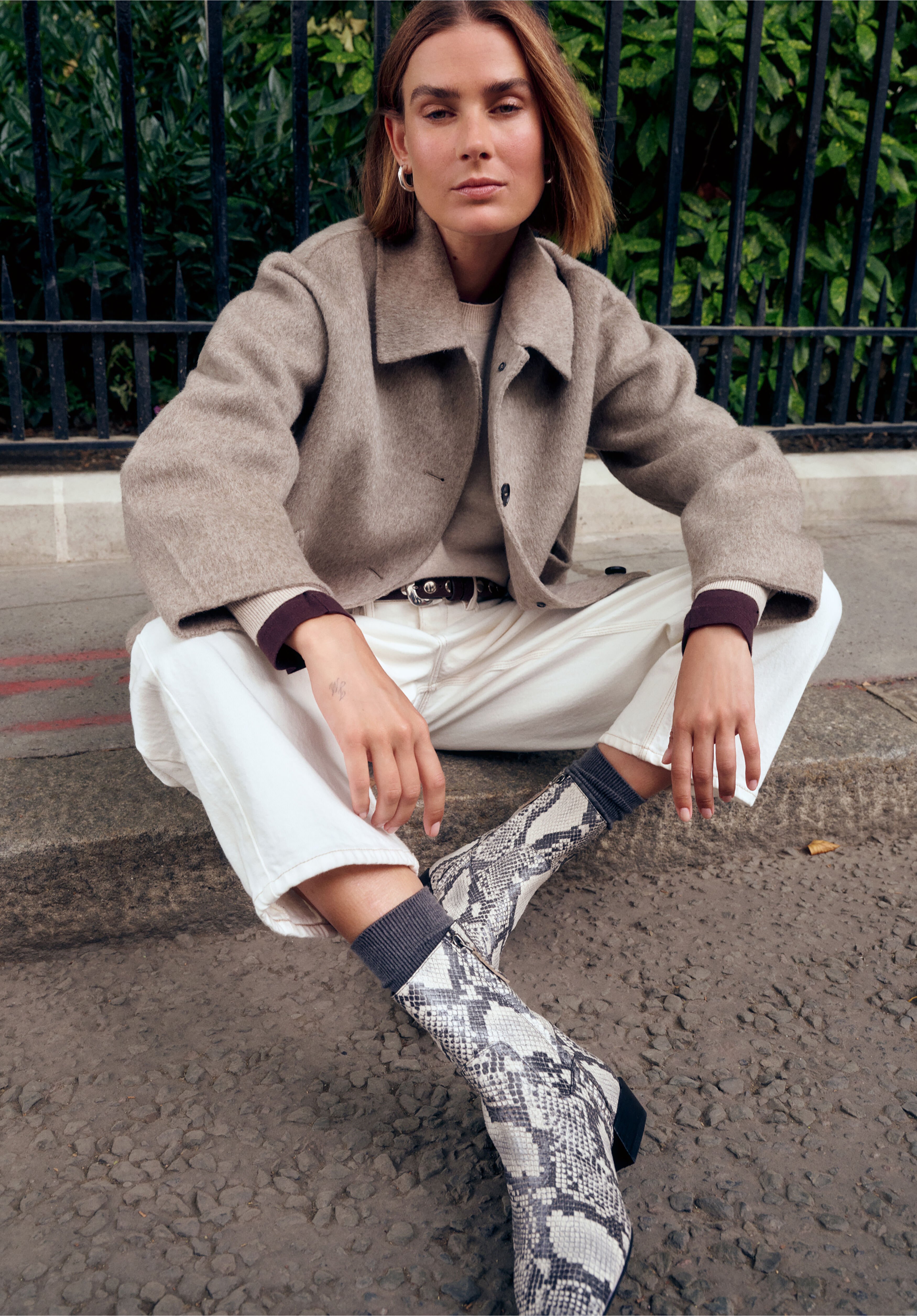 Leather Snake Print Square Toe Boots