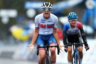 ZURICH SWITZERLAND SEPTEMBER 26 Cat Ferguson of Team Great Britain celebrates at finish line as gold medal winner during the 97th UCI Cycling World Championships Zurich 2024 Womens Junior Road Race a 135km one day race from Uster to Zurich UCIWWT on September 26 2024 in Zurich Switzerland Photo by Tim de WaeleGetty Images