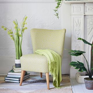 accent chair with green throw and plant on pot