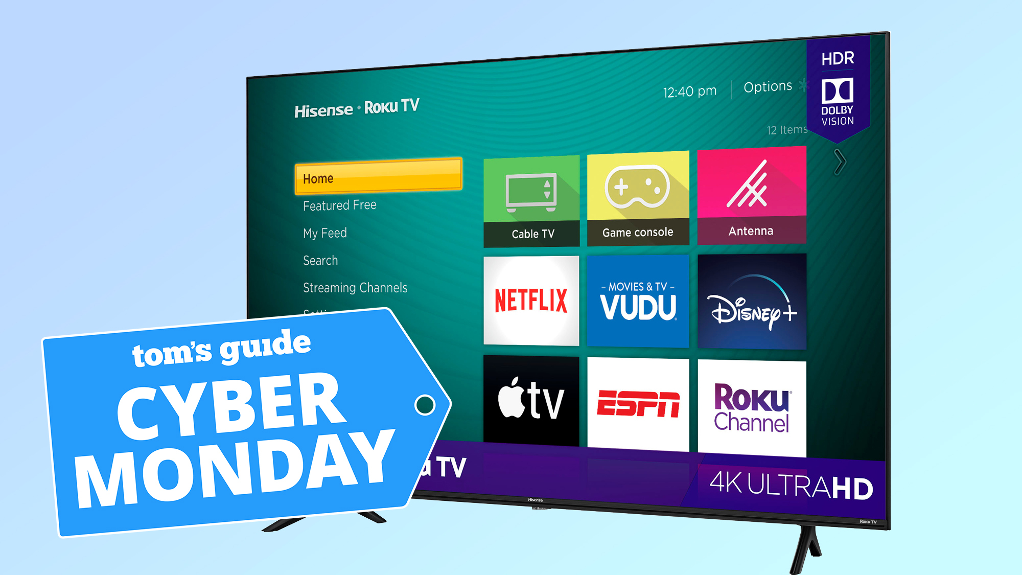 an image of the Hisense 43" RG6 4K Roku TV with a Cyber Monday deal tag