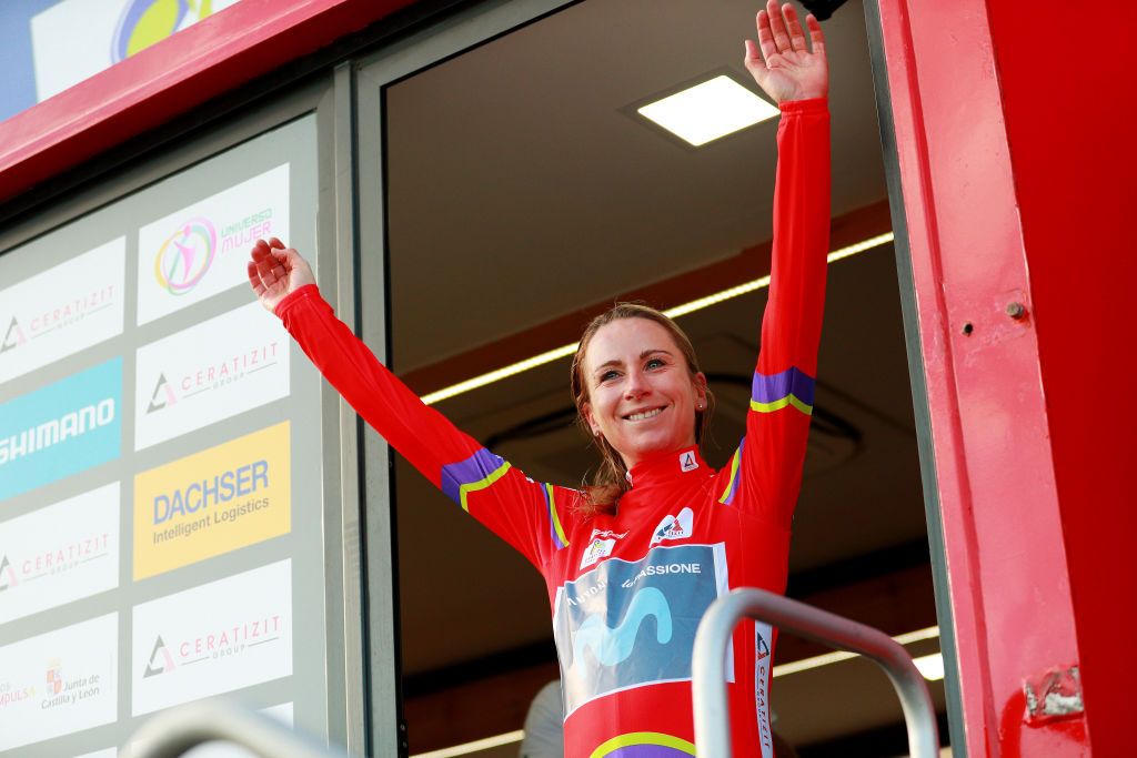 AGUILAR DE CAMPOO SPAIN SEPTEMBER 09 Annemiek Van Vleuten of Netherlands and Movistar Team Women celebrates winning the Red Leader Jersey on the podium ceremony after the 8th Ceratizit Challenge By La Vuelta 2022 Stage 3 a 964km stage from Camargo to Aguilar de Campoo CERATIZITChallenge22 UCIWWT on on September 09 2022 in Camargo Spain Photo by Gonzalo Arroyo MorenoGetty Images