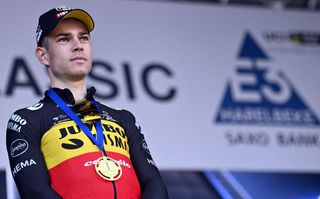 Belgian Wout Van Aert of Team JumboVisma celebrates on the podium after winning the E3 Saxo Bank Classic cycling race 2039km from and to Harelbeke Friday 25 March 2022 BELGA PHOTO ERIC LALMAND Photo by ERIC LALMAND BELGA MAG Belga via AFP Photo by ERIC LALMANDBELGA MAGAFP via Getty Images