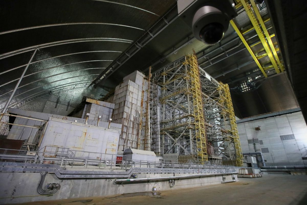 The concrete structure known as The Shelter seals in the remains of Chernobyl's ruined Unit Four reactor. (Image credit: Getty)