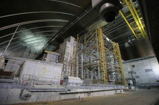 The concrete structure known as The Shelter seals in the remains of Chernobyl's ruined Unit Four reactor.