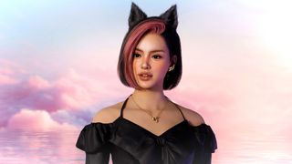 inZOI Character Studio screenshot showing a young woman with short black/pink hair, black cat-like ears, and a black blouse with a bowtie