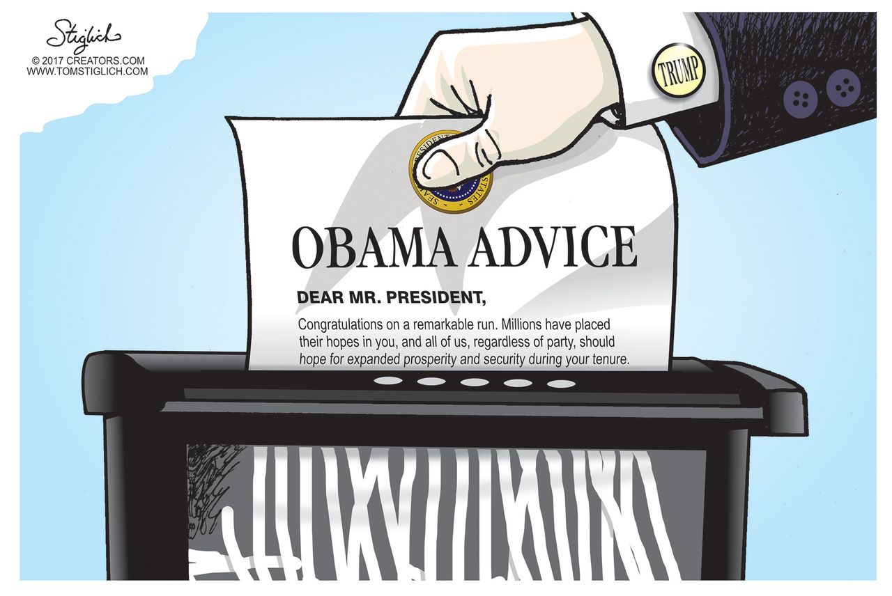 Political cartoon U.S. Trump Obama advice