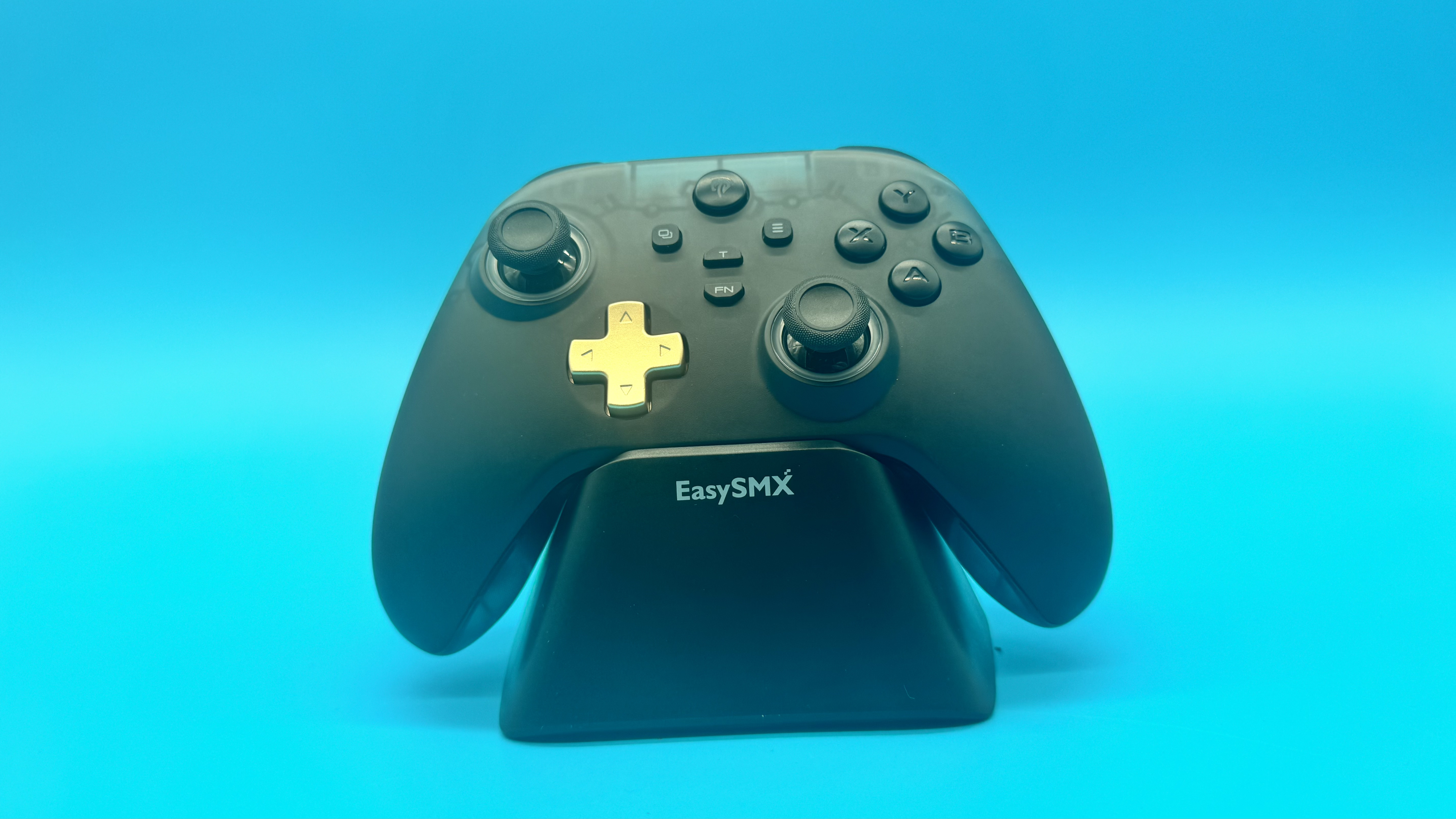 EasySMX D05 black gaming controller from the front on a charging stand on a blue background