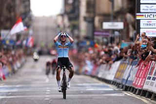Lotte Kopecky of Belgium celebrates at finish line as race winner during the Women Elite Women U23 Road Race