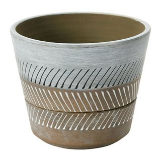 Creative Co-Op Round Hand-Painted Terra-Cotta Planter With Saucer Slant Line Pattern, White and Grey, Planter With Saucer