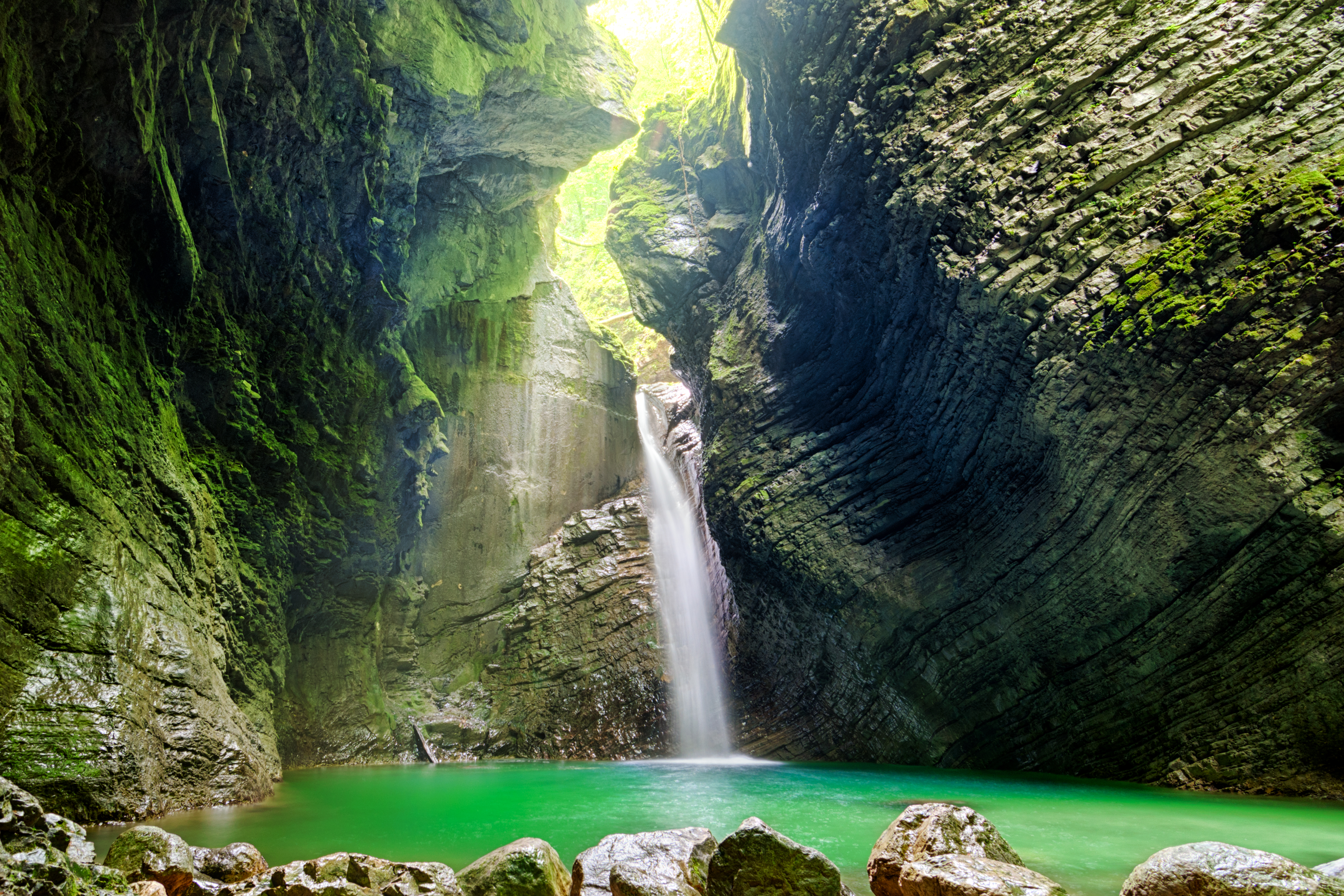 The Kozjak Waterfall in Slovenia on a sunny day