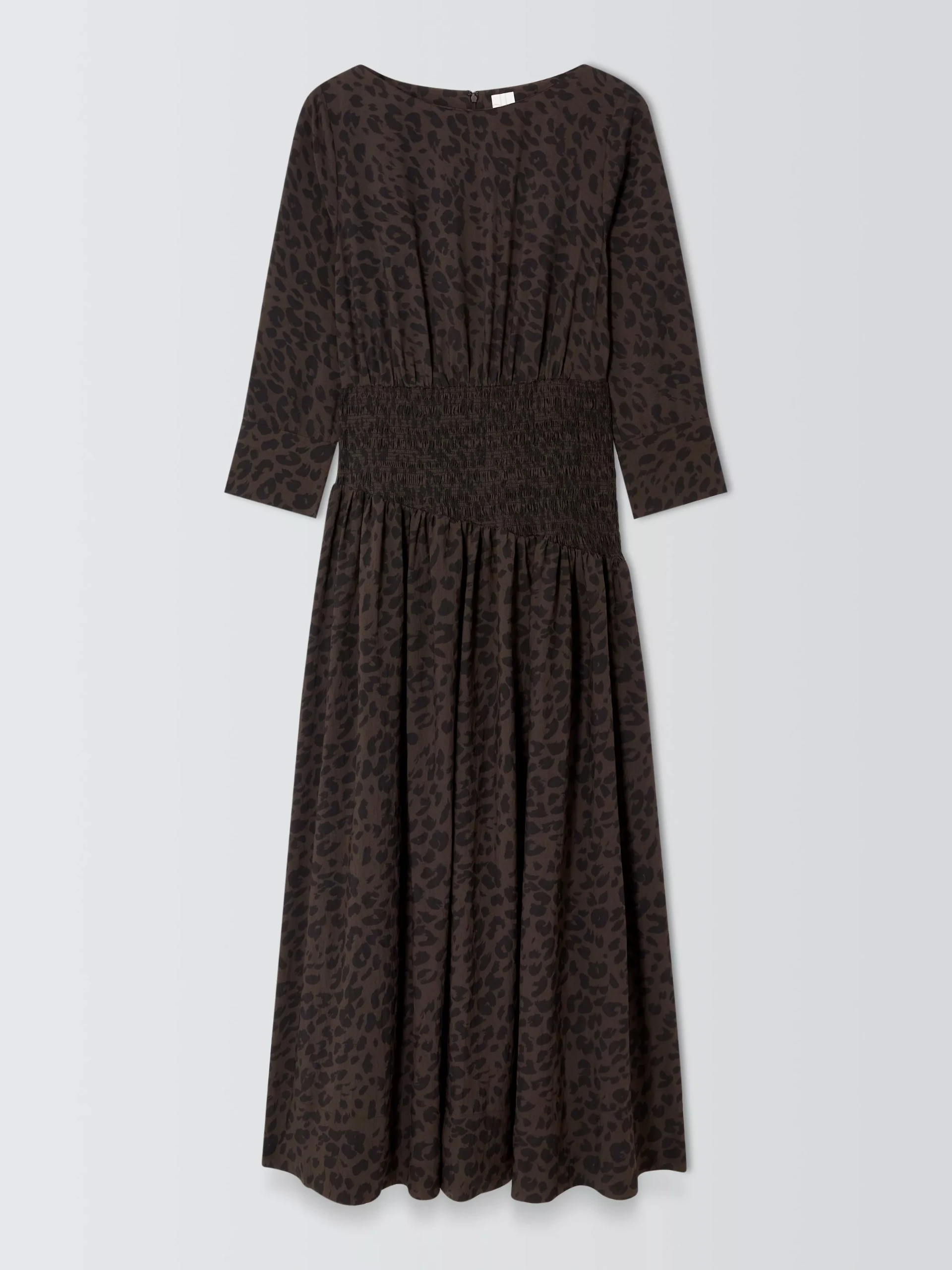 John Lewis Long Sleeves Leopard Print Midi Dress, Brown