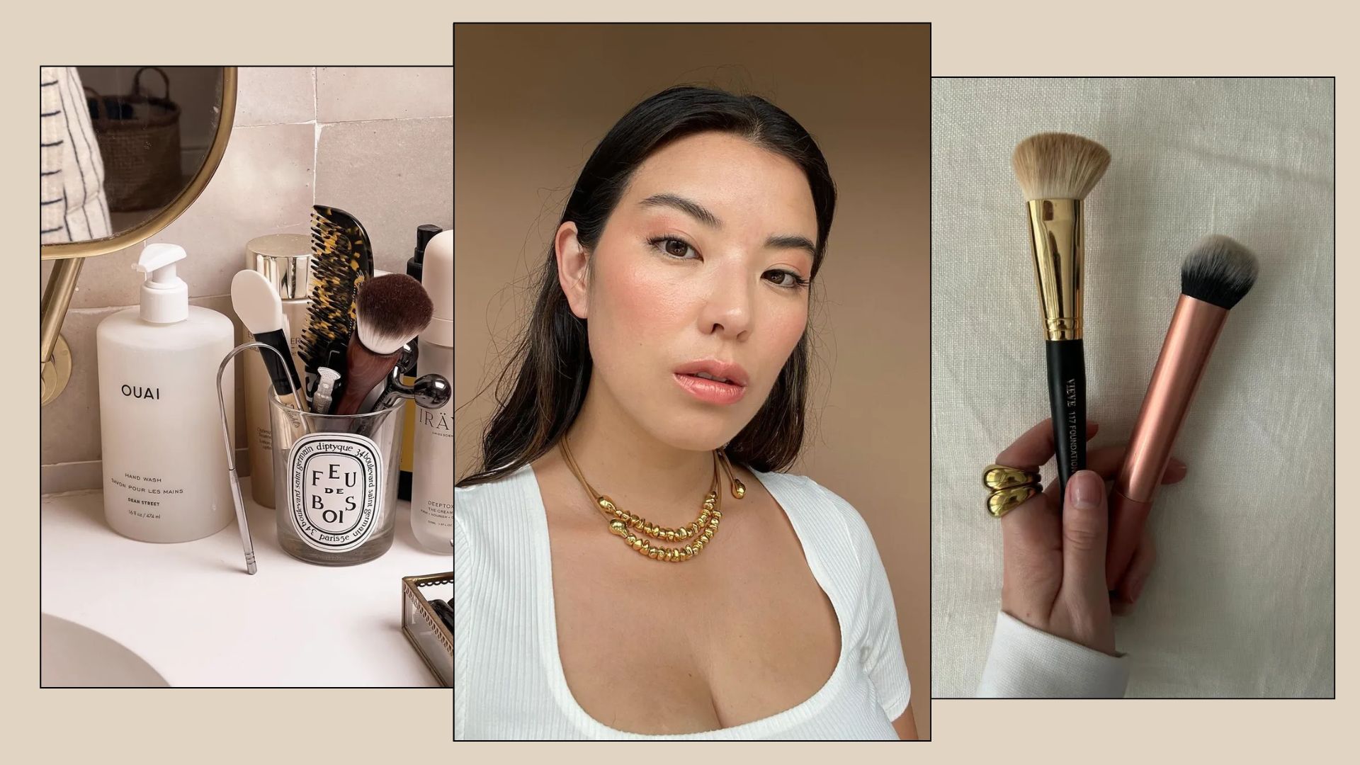 A picture of a bathroom sink with foundation brushes on, a woman wearing a natural makeup look and two foundation brushes on a white linen background