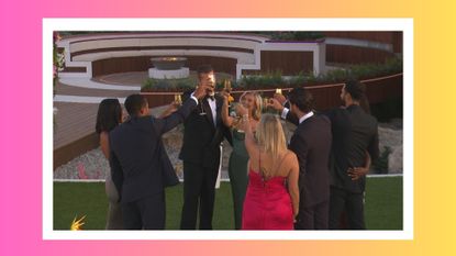 the Love Island 2023 summer finalists raising a glass in the garden, with a pink and orange border around the image