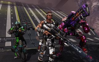 A squad of XCOM operatives in multicolored gear descends a ramp
