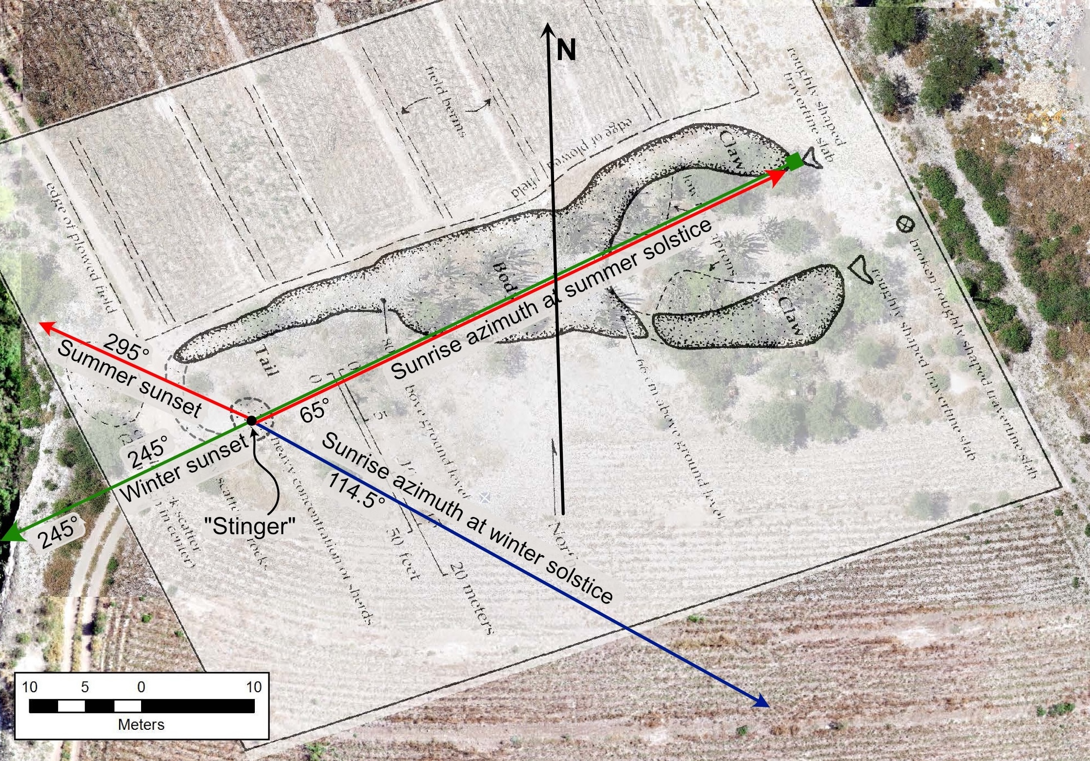 an aerial view of the effigy mound site with a labelled diagram of the mound and the solstice paths overlaid on top