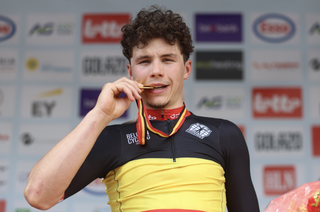 Arnaud de Lie (Lotto Dstny) celebrates winning the 2024 Belgian Road Race National Championship