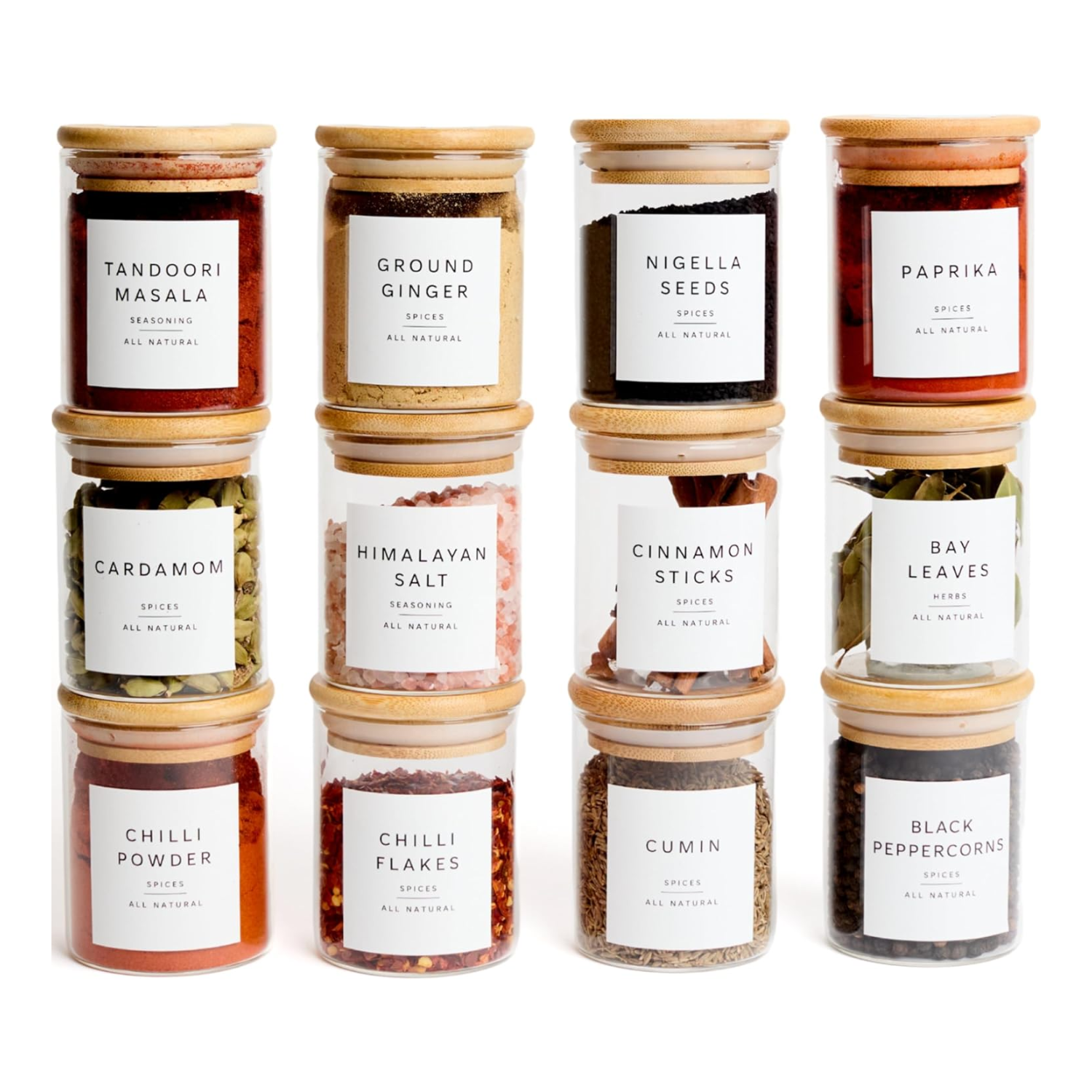 A set of 12 glass spice jars with bamboo lids