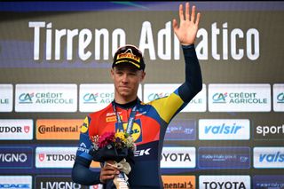 FOLLONICA ITALY MARCH 11 Jonathan Milan of Italy and Team Lidl Trek celebrates at podium as stage winner during the 60th TirrenoAdriatico 2025 Stage 2 a 192km stage from Camaiore to Follonica UCIWT on March 11 2025 in Follonica Italy Photo by Tim de WaeleGetty Images