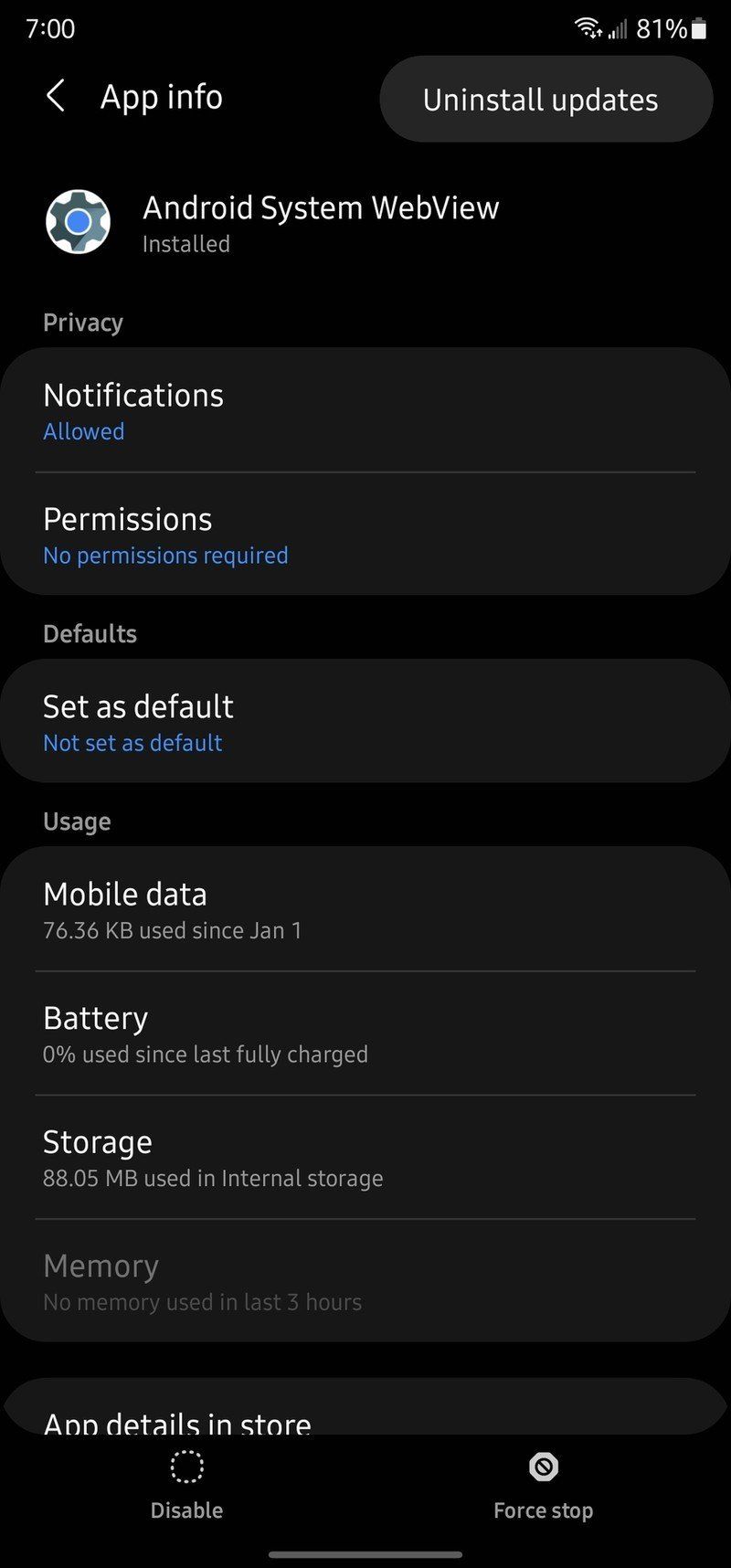 Uninstalling Android System WebView: Step 4
