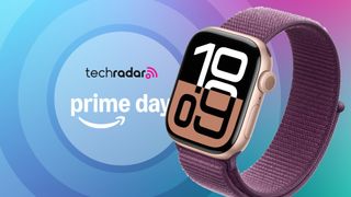 Apple Watch Series 10 with purple band on Prime Day banner