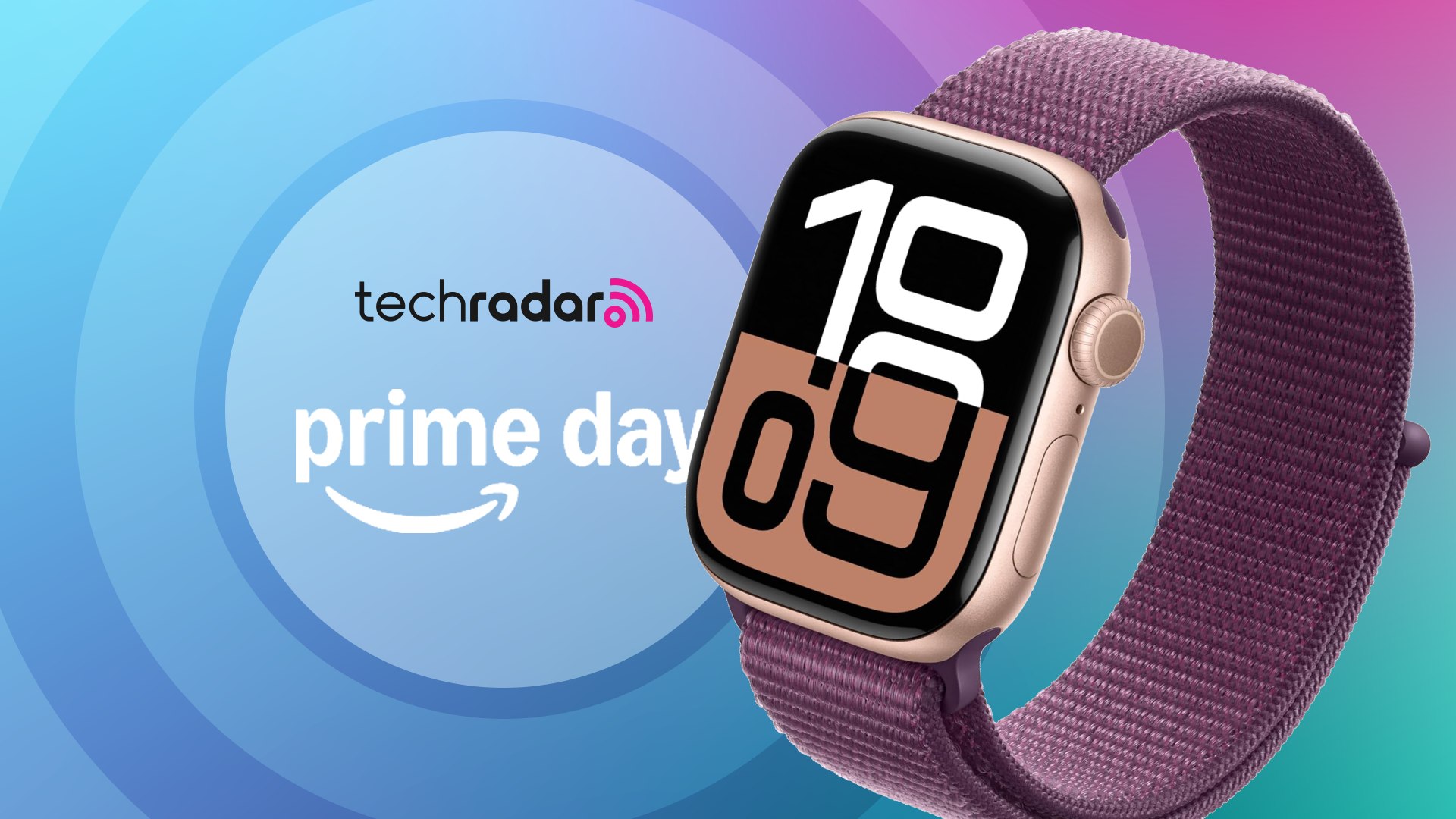 Apple Watch Series 10 with purple band on Prime Day banner 