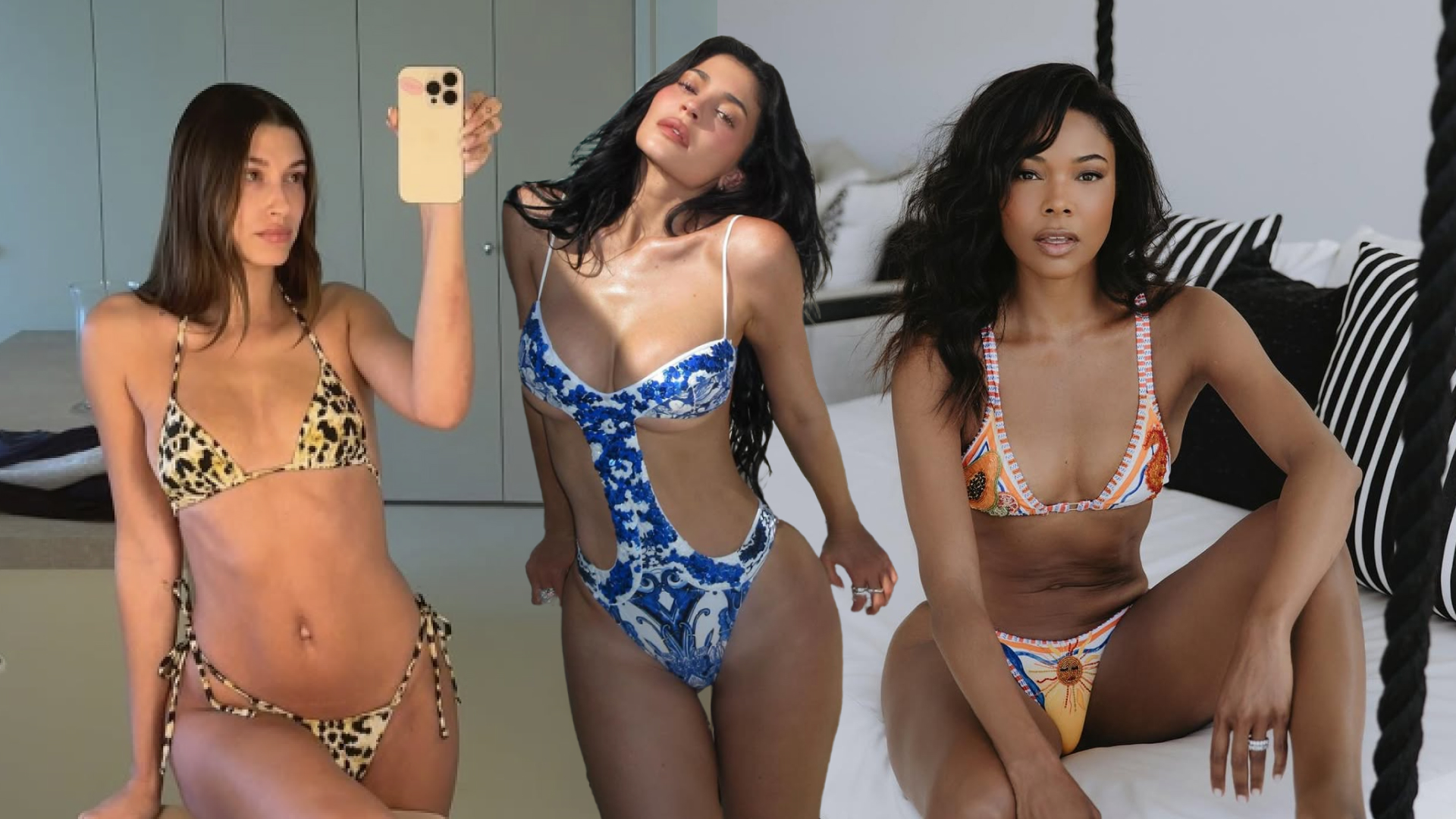 A collage of celebrity swimsuits and bikinis from 2025