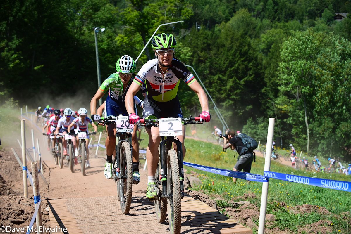 Gunn-Rita Dahle Flesjaa (Multivan Merida) leads the womens field during the start loop climb