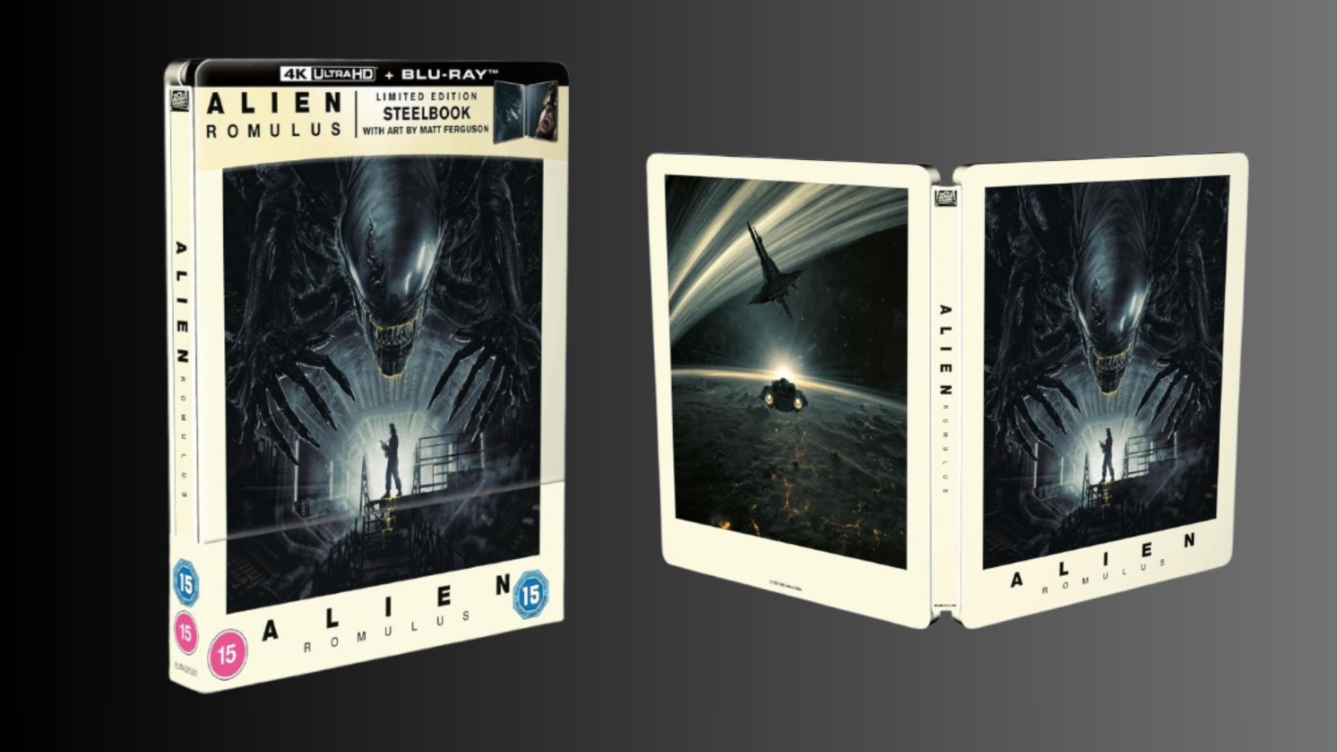 An image of the Alien Romulus Steelbook on a black gradient background