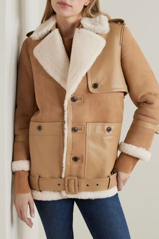 Frame Belted leather-trimmed shearling jacket