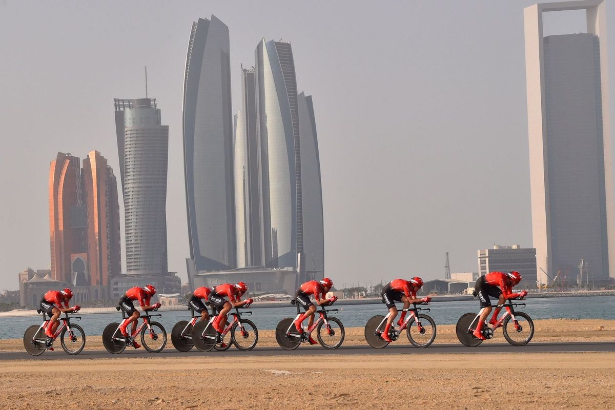 Team Sunweb on the new Cervelo P5 TT bike on the opening stage of the 2019 UAE Tour in Abu Dhabi