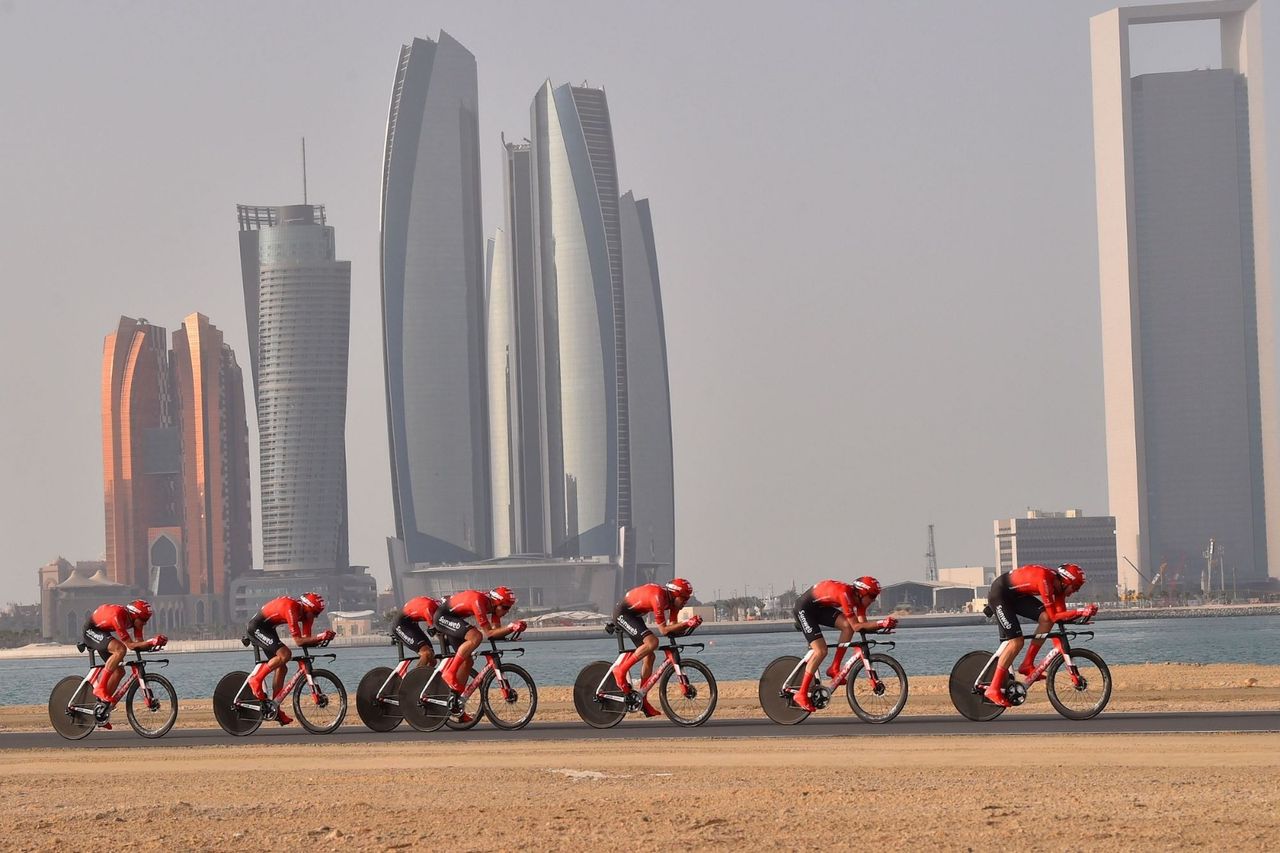 Team Sunweb on the new Cervelo P5 TT bike on the opening stage of the 2019 UAE Tour in Abu Dhabi
