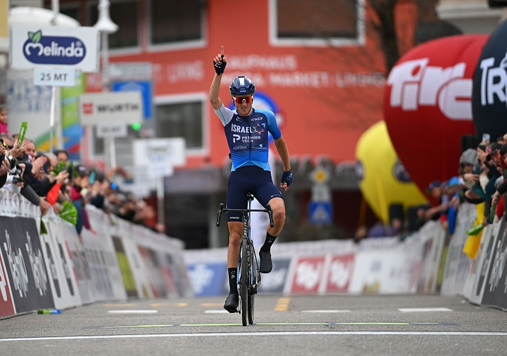 INNICHEN ITALY APRIL 23 Marco Frigo of Italy and Team Israel Premier Tech celebrates at finish line as stage winner during the 45th Tour of the Alps 2025 Stage 3 a 1455km stage from Sterzing to Innichen San Candido 1176m on April 23 2025 in Innichen Italy Photo by Tim de WaeleGetty Images