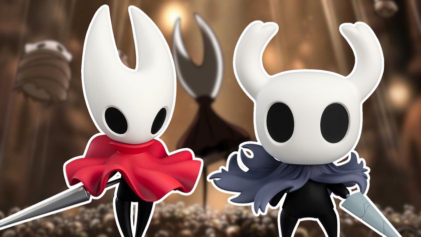 Hornet and Knight Nendoroid figures outlined in white against a blurry scene from Hollow Knight: Silksong