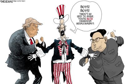 Political cartoon U.S. Trump Kim Jong Un North Korea nuclear weapons bigger button