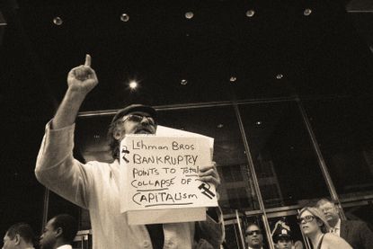 A demonstrator outside Lehman Brothers headquarters.