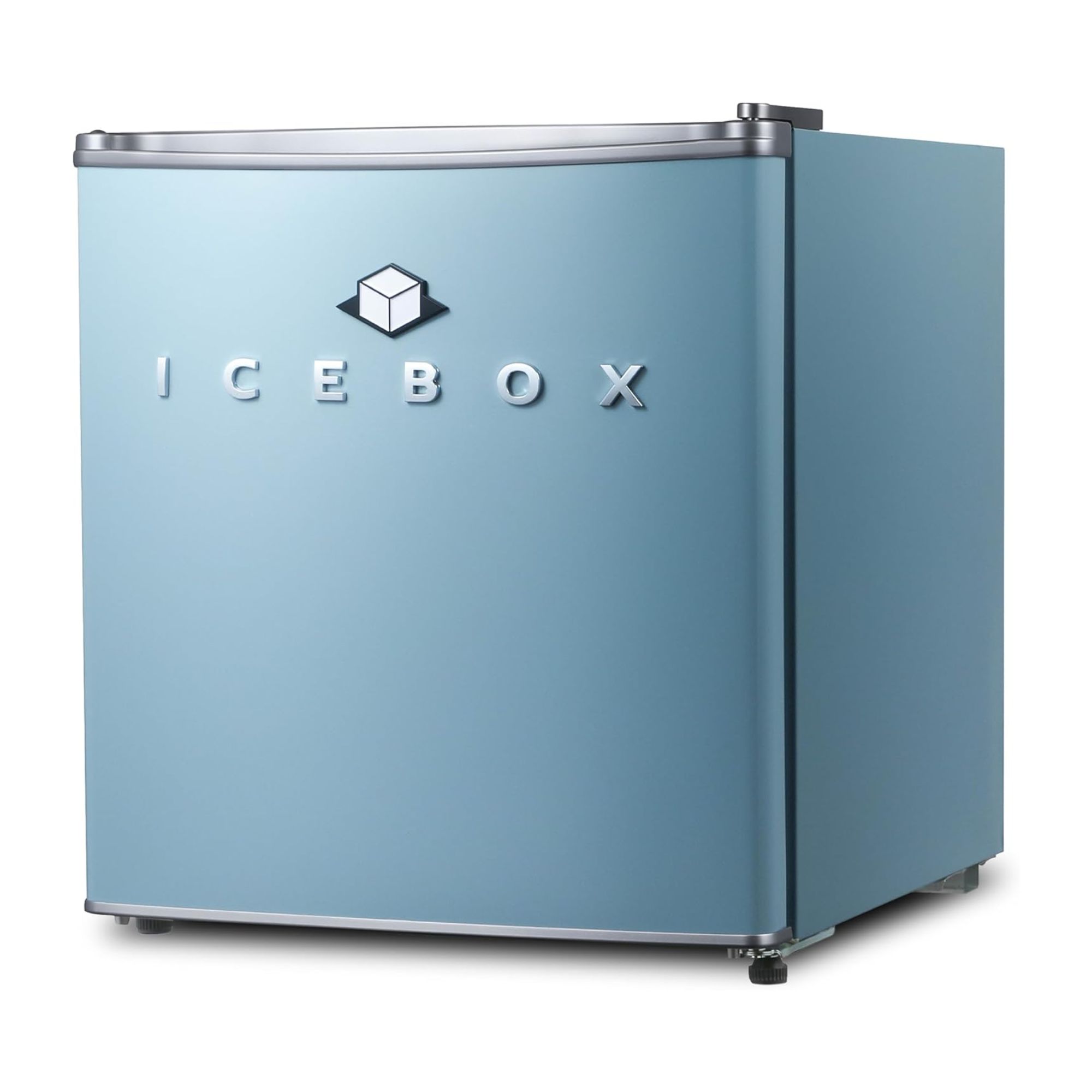 Pale blue mini fridge