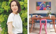 A side-by-side image featuring a portrait of Minako Bryson on the left and a vibrant, eclectic dining area showcasing her interior design style on the right